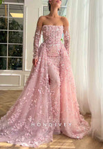 Pink Overskirt and A-Line dress with Off the Shoulder Long Sleeves and Embroidery