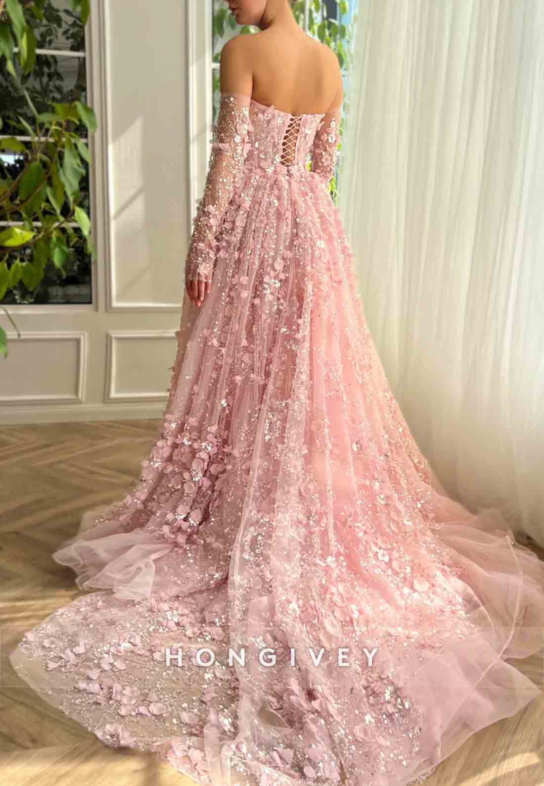 Pink Overskirt and A-Line dress with Off the Shoulder Long Sleeves and Embroidery
