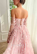 Pink Overskirt and A-Line dress with Off the Shoulder Long Sleeves and Embroidery