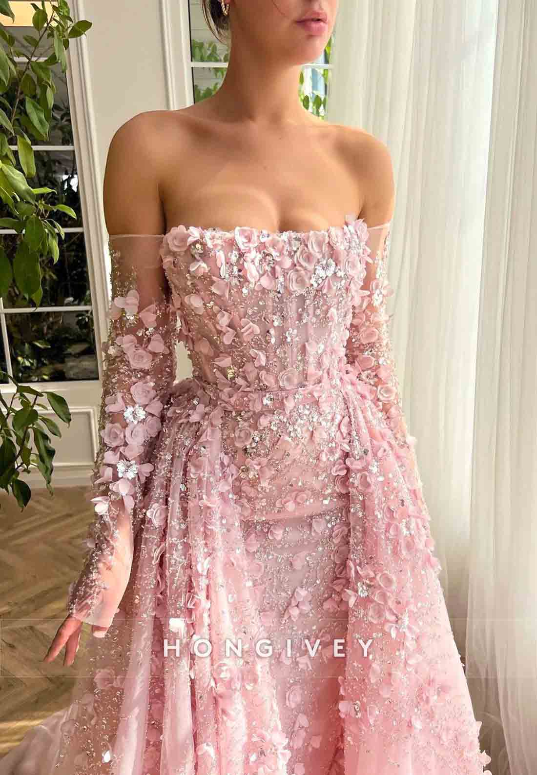 Pink Overskirt and A-Line dress with Off the Shoulder Long Sleeves and Embroidery