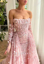 Pink Overskirt and A-Line dress with Off the Shoulder Long Sleeves and Embroidery