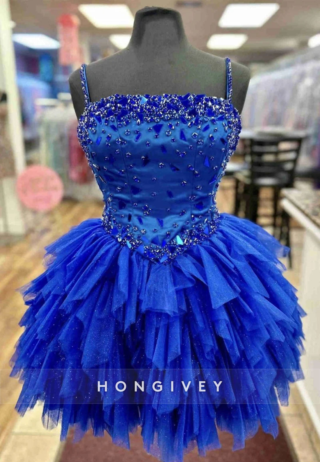 Royal Blue A-Line Spaghetti Straps Square Neck Short Homecoming Dress with ruffles