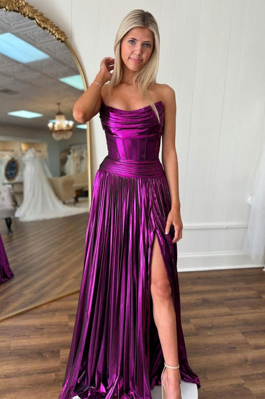 Plum A-Line Strapless Long Pleated Metallic Prom Dress with Slit