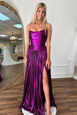 Plum A-Line Strapless Long Pleated Metallic Prom Dress with Slit