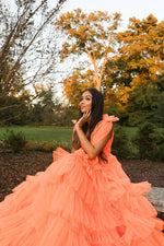 Plunge Neck Blue Ruffle Tiered Long Dress with Slit