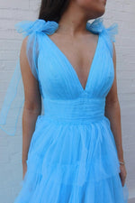Plunge Neck Blue Ruffle Tiered Long Dress with Slit