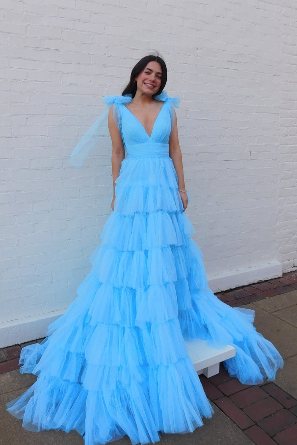 Plunge Neck Blue Ruffle Tiered Long Dress with Slit