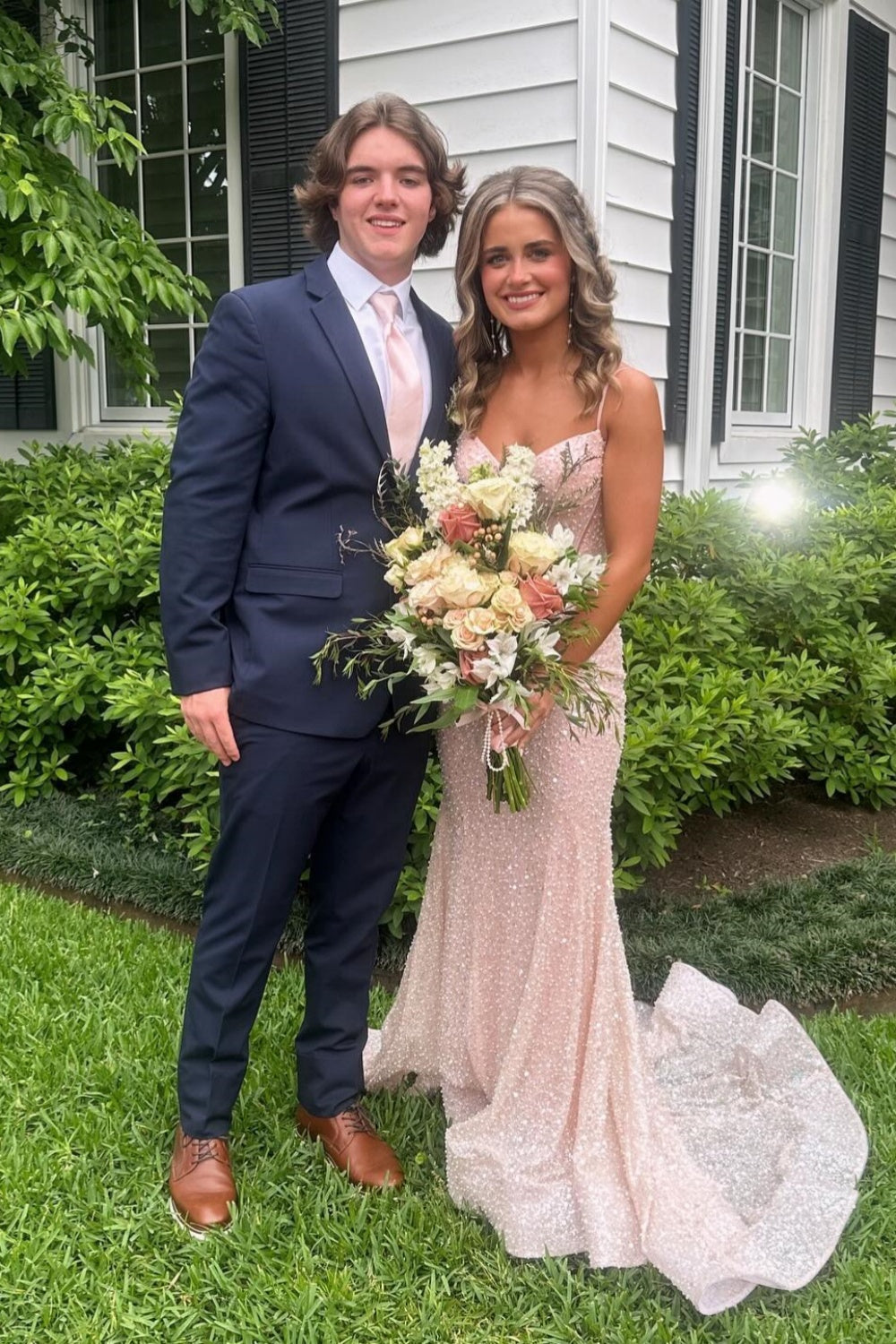 Plunge Neck Blush Pink Sequin Mermaid Long Dress