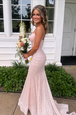 Plunge Neck Blush Pink Sequin Mermaid Long Dress