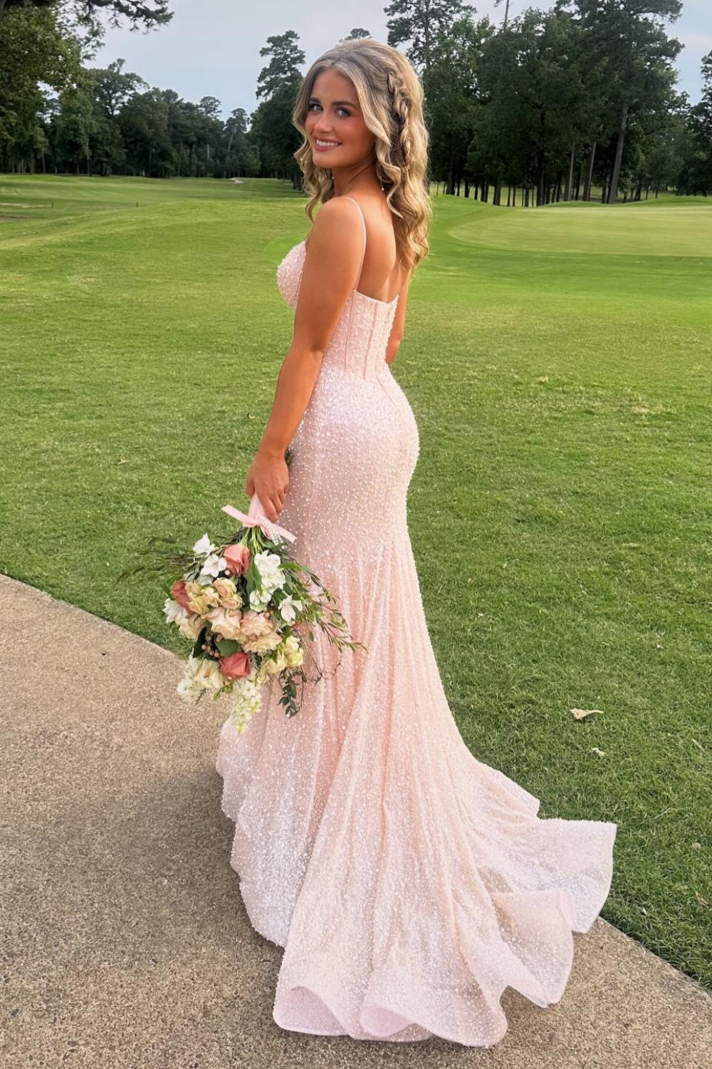 Plunge Neck Blush Pink Sequin Mermaid Long Dress