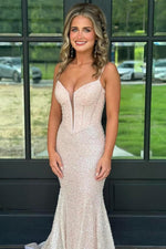 Plunge Neck Blush Pink Sequin Mermaid Long Dress