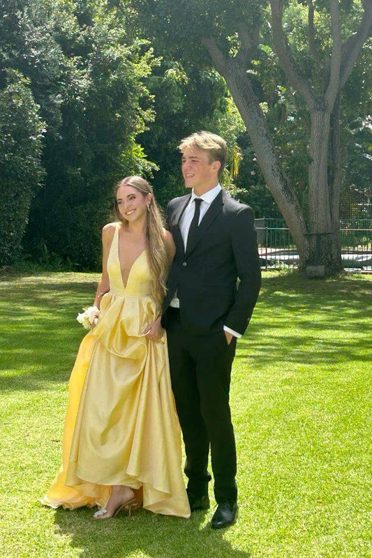 Plunge Neck Yellow A-line Satin Long Dress