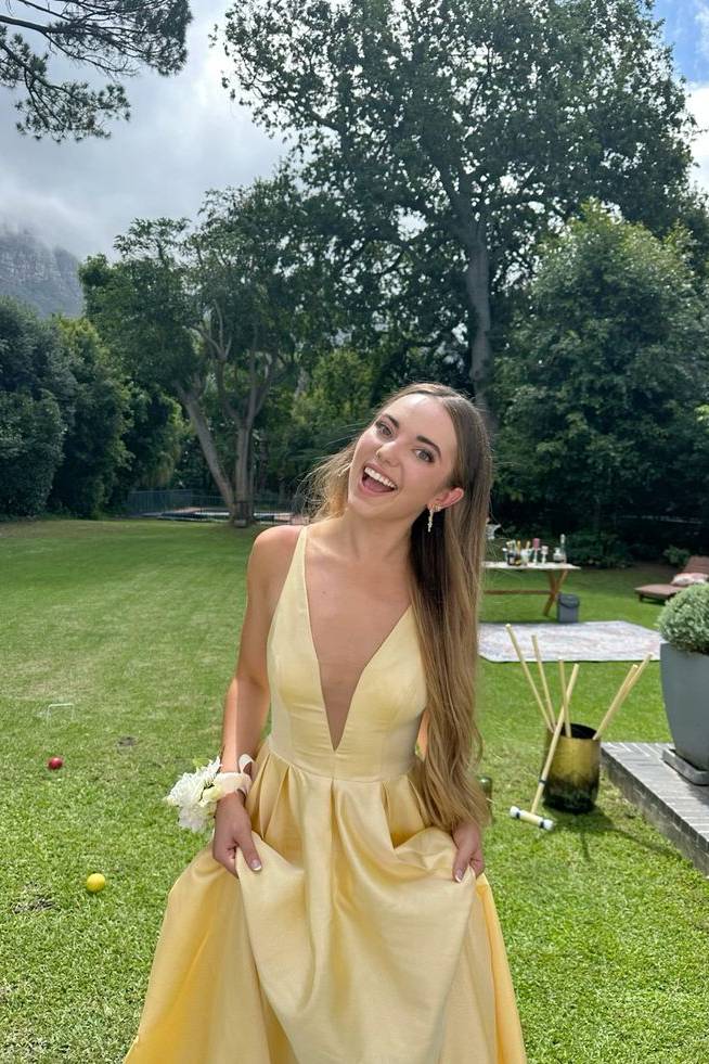 Plunge Neck Yellow A-line Satin Long Dress