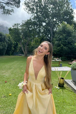 Plunge Neck Yellow A-line Satin Long Dress