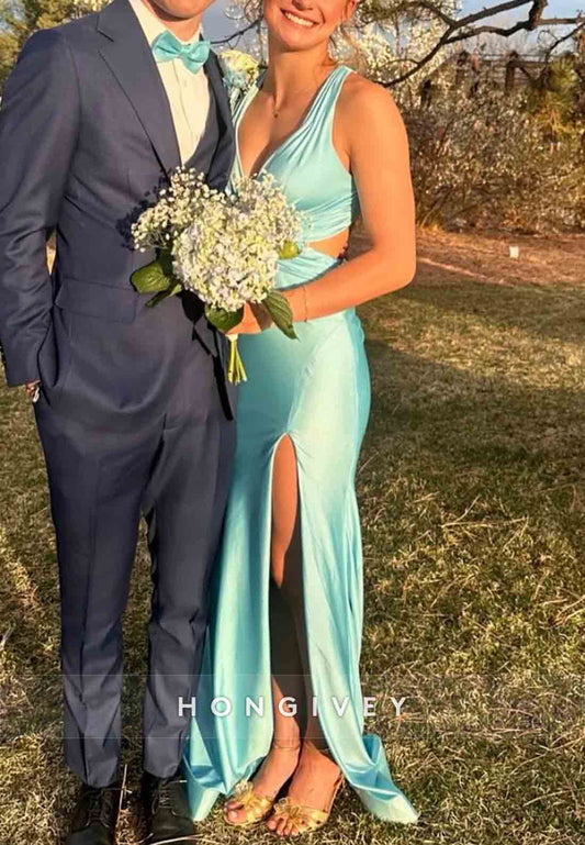 Plunge neck Blue Cut-out Mermaid Long Dress with Rosette