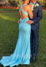 Plunge neck Blue Cut-out Mermaid Long Dress with Rosette