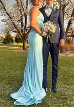 Plunge neck Blue Cut-out Mermaid Long Dress with Rosette