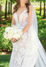 V-Neck Open Back Trumpet Sleeveless Pleated Court Train Wedding Dresses