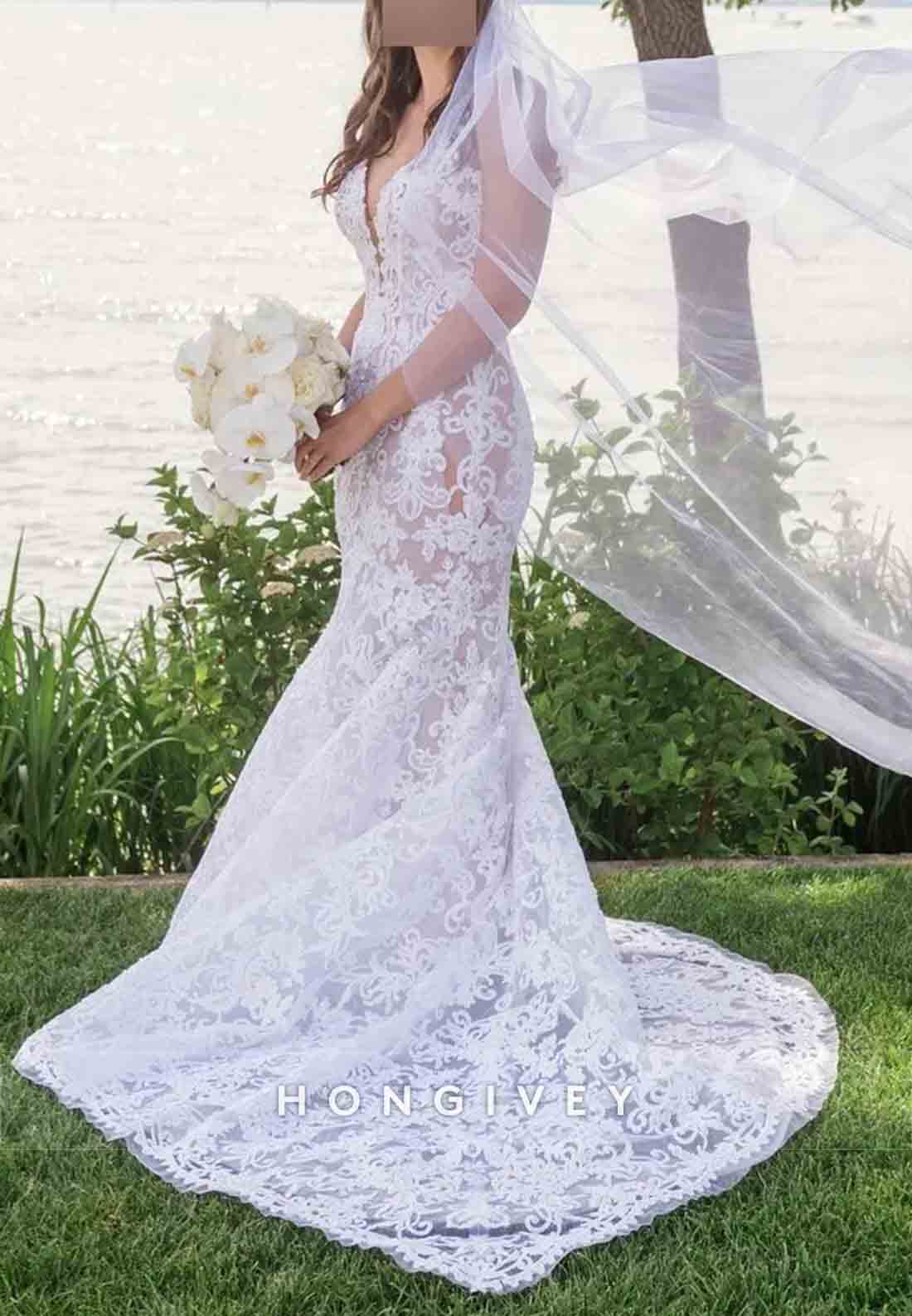 V-Neck Open Back Trumpet Sleeveless Pleated Court Train Wedding Dresses