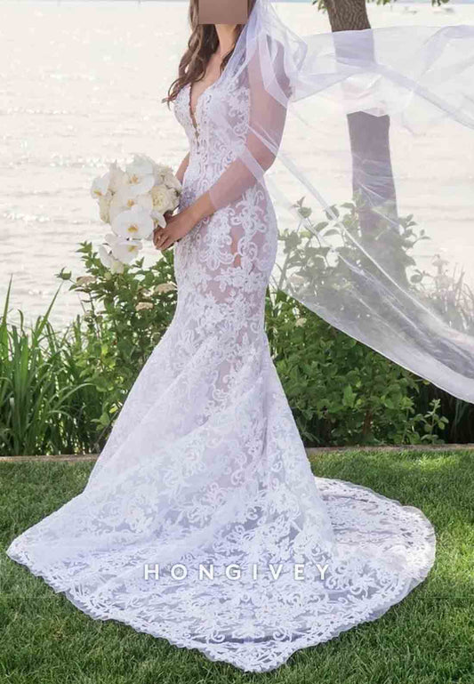 V-Neck Open Back Trumpet Sleeveless Pleated Court Train Wedding Dresses