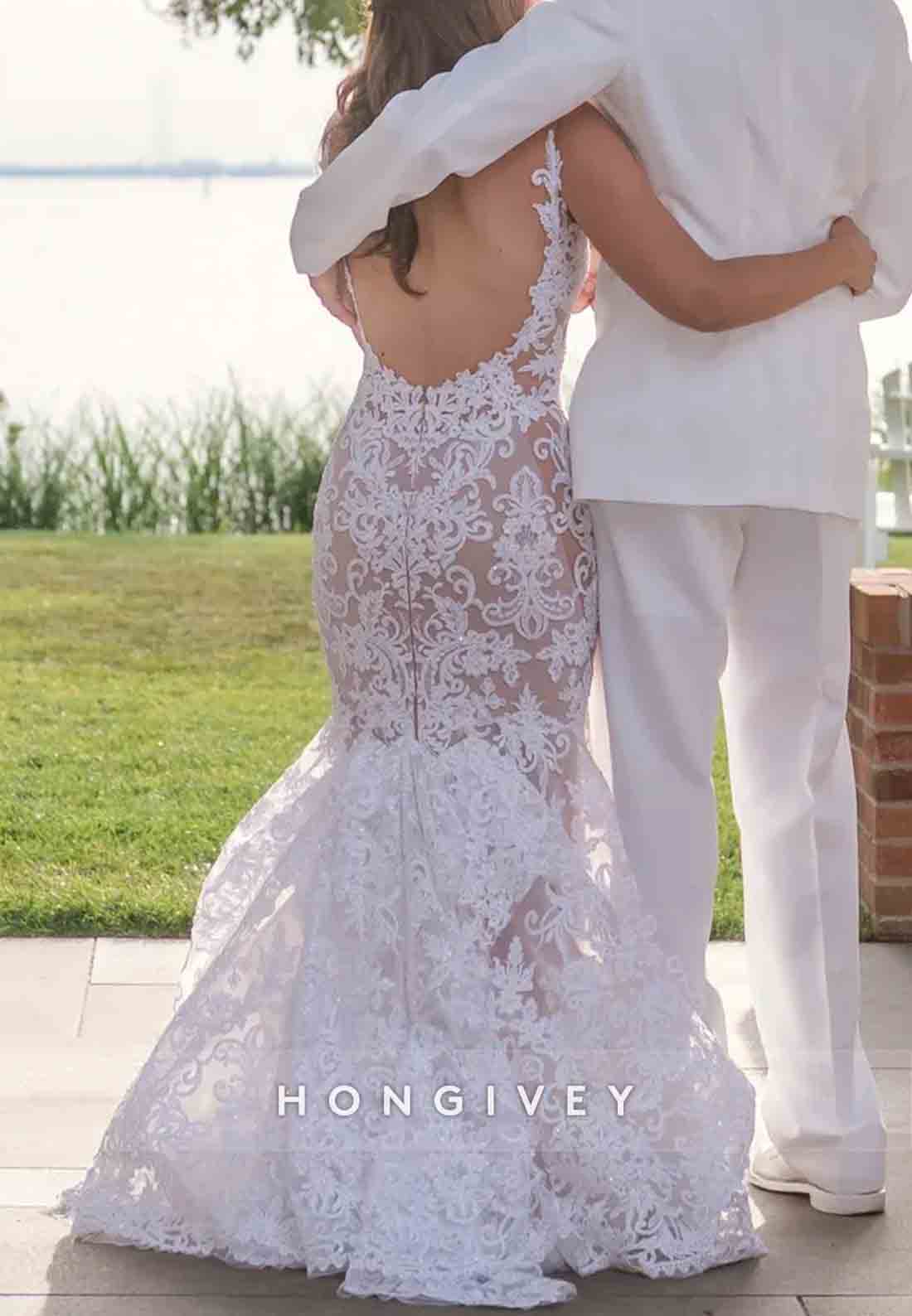 V-Neck Open Back Trumpet Sleeveless Pleated Court Train Wedding Dresses