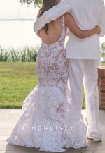 V-Neck Open Back Trumpet Sleeveless Pleated Court Train Wedding Dresses