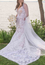 V-Neck Open Back Trumpet Sleeveless Pleated Court Train Wedding Dresses