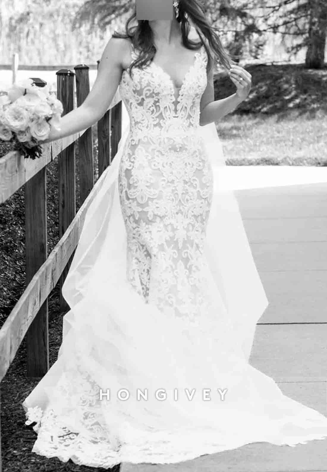 V-Neck Open Back Trumpet Sleeveless Pleated Court Train Wedding Dresses