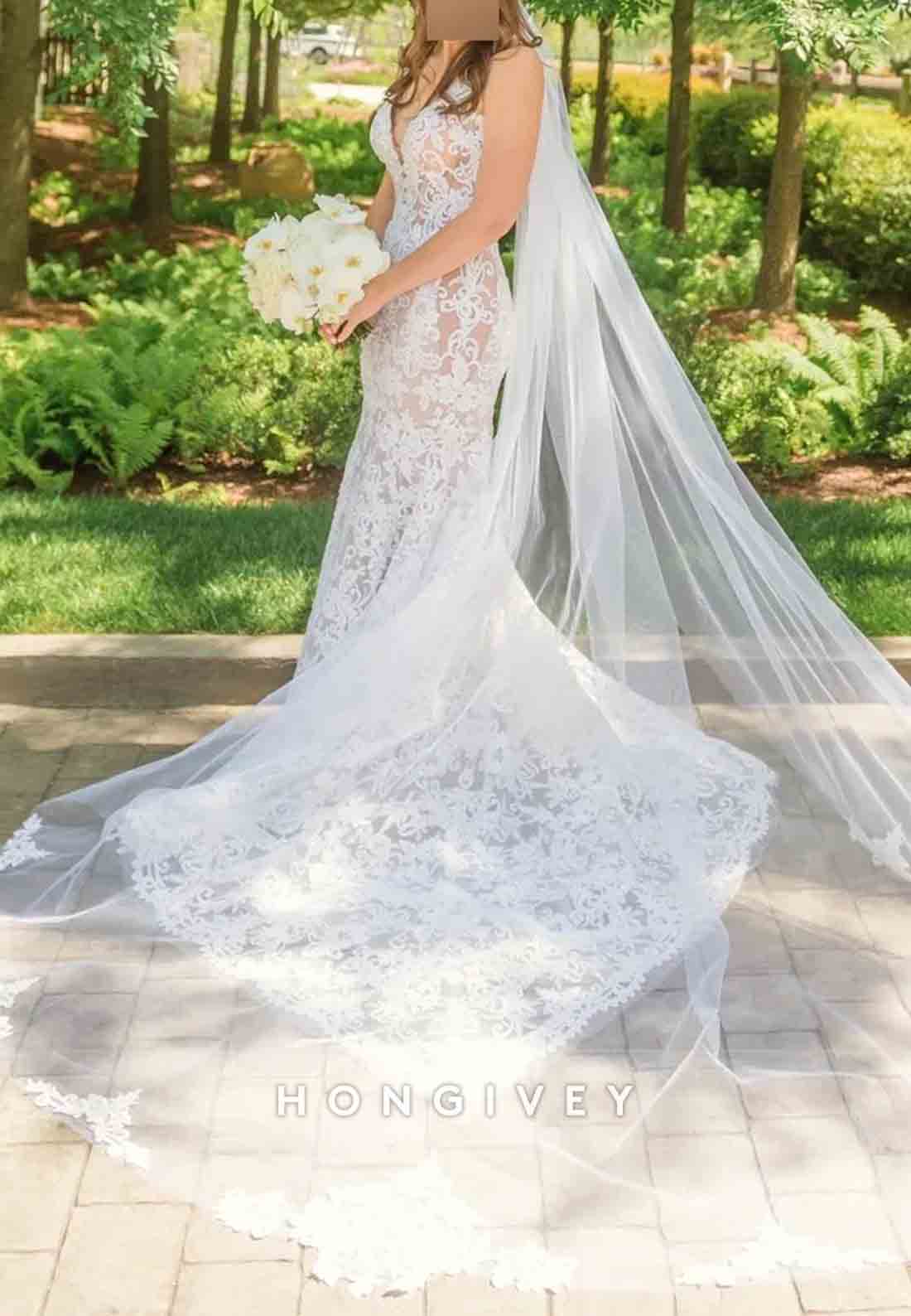 V-Neck Open Back Trumpet Sleeveless Pleated Court Train Wedding Dresses