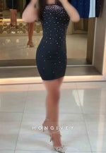 Scoop Sheath Bodycon Sleeveless Short Homecoming Dress with Beading