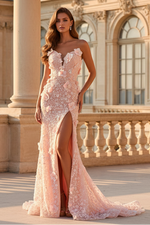 Flowers Sweetheart Sleeveless Mermaid Side Slit Lace Prom Dress