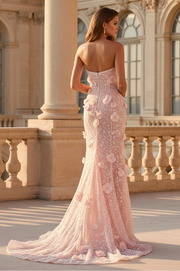 Flowers Sweetheart Sleeveless Mermaid Side Slit Lace Prom Dress