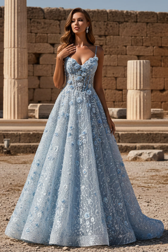 Spaghetti Straps Sleeveless Flowers Sequins Lace A-Line Floor-Length Prom Dress