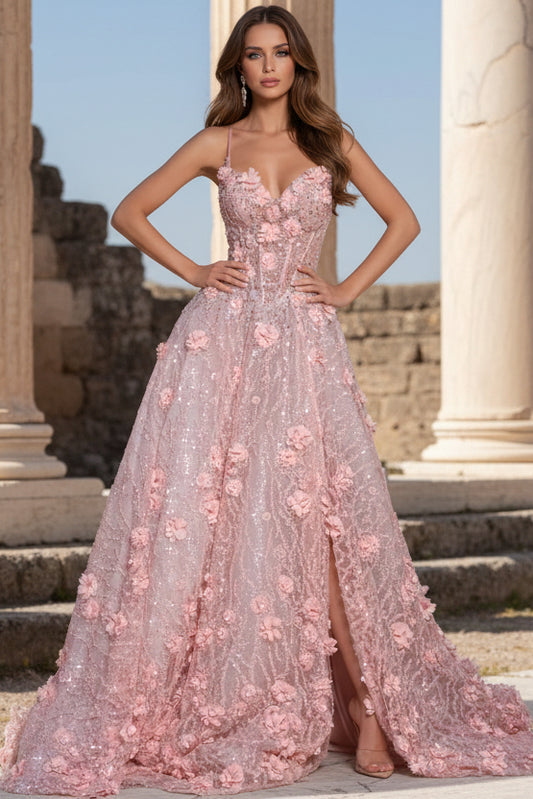 Spaghetti Straps Sleeveless Flowers Sequins Lace A-Line Floor-Length Prom Dress