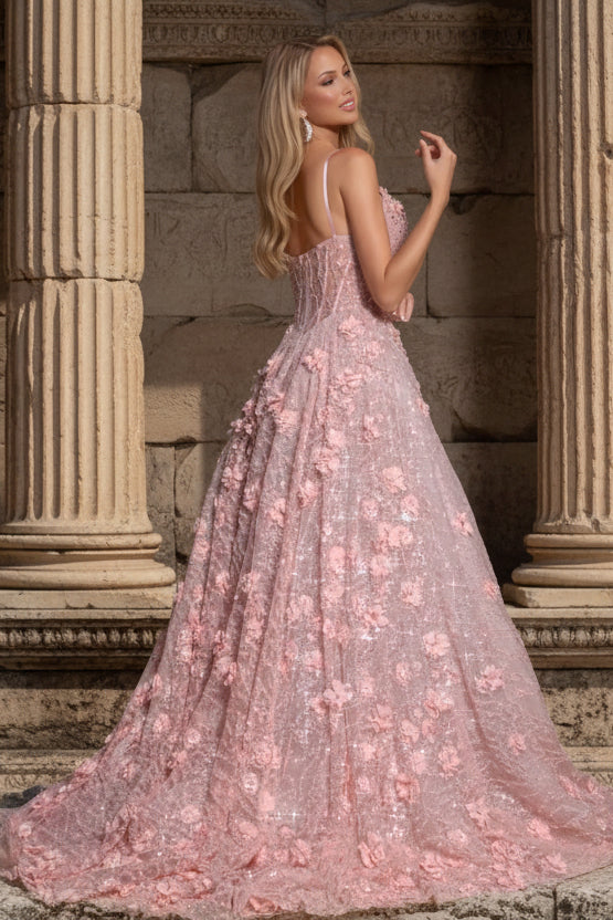 Spaghetti Straps Sleeveless Flowers Sequins Lace A-Line Floor-Length Prom Dress