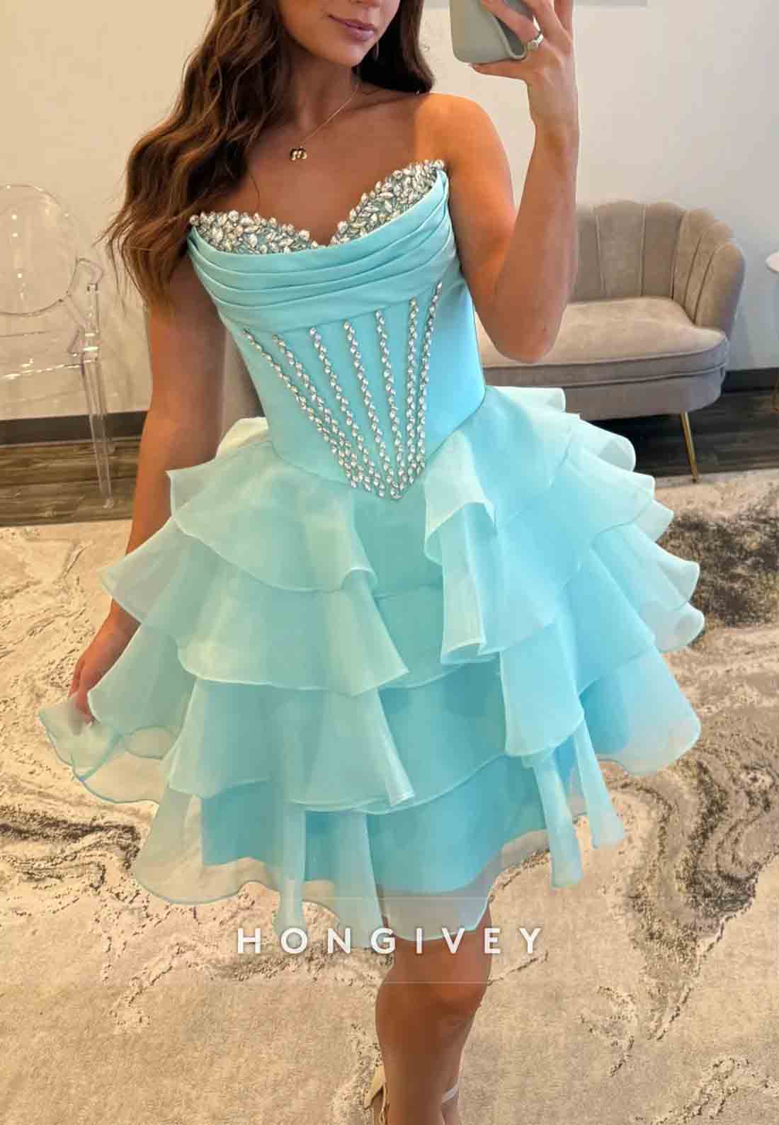 Pretty A Line Strapless Blue Corset Short Homecoming Dress with Beading Ruffles