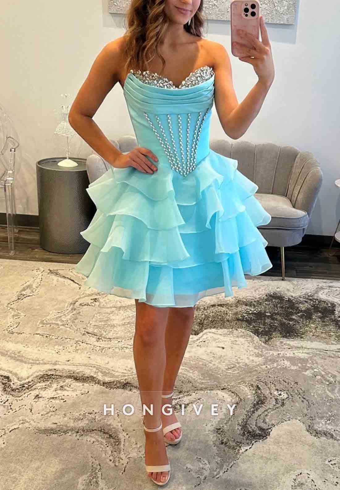 Pretty A Line Strapless Blue Corset Short Homecoming Dress with Beading Ruffles