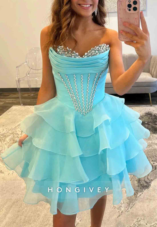 Pretty A Line Strapless Blue Corset Short Homecoming Dress with Beading Ruffles