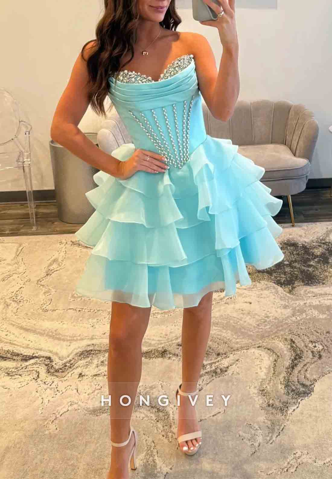 Pretty A Line Strapless Blue Corset Short Homecoming Dress with Beading Ruffles