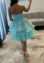 Pretty A Line Strapless Blue Corset Short Homecoming Dress with Beading Ruffles