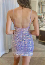 Sparkly Sheath V-Neck Spaghetti Straps Open Back Side Slit Mini Homecoming Dress