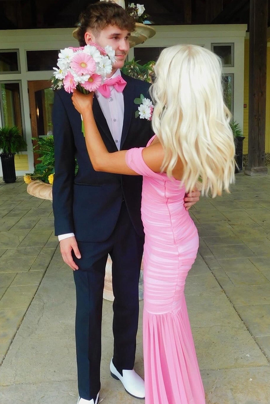 Pretty Mermaid Off the Shoulder Pink Long Prom Dress with Ruched