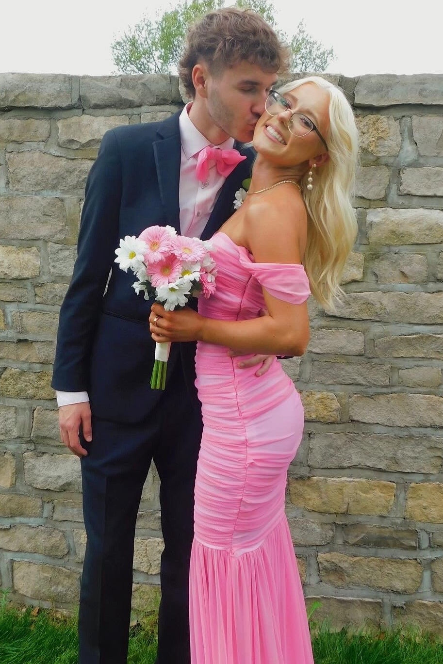 Pretty Mermaid Off the Shoulder Pink Long Prom Dress with Ruched