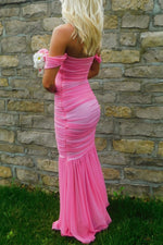 Pretty Mermaid Off the Shoulder Pink Long Prom Dress with Ruched