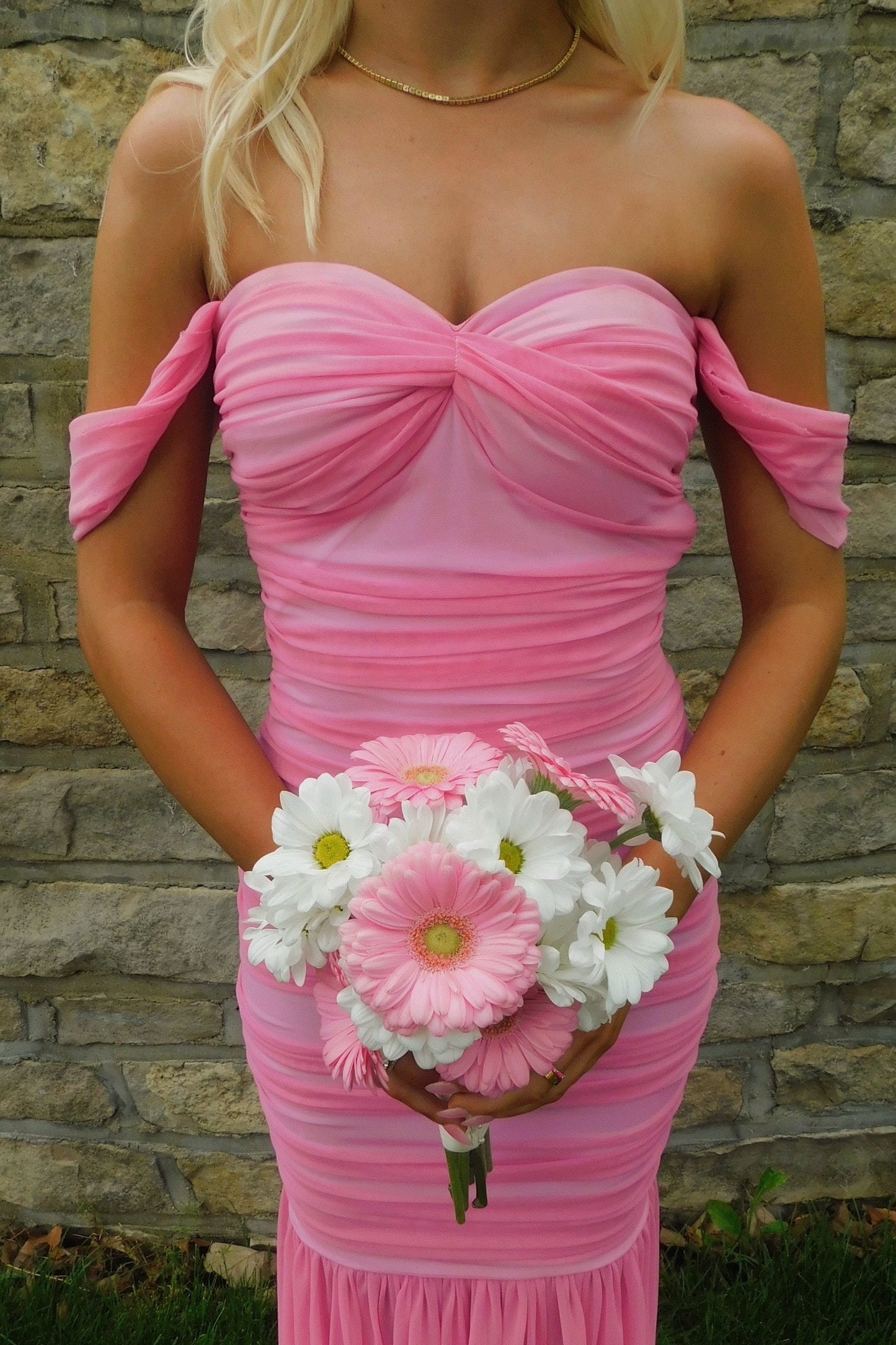 Pretty Mermaid Off the Shoulder Pink Long Prom Dress with Ruched