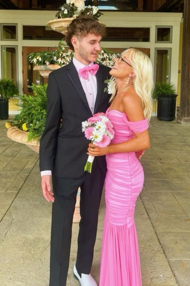 Pretty Mermaid Off the Shoulder Pink Long Prom Dress with Ruched