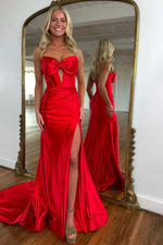 Cute Red Mermaid Strapless Long Satin Prom Dress with Slit and Bowknot
