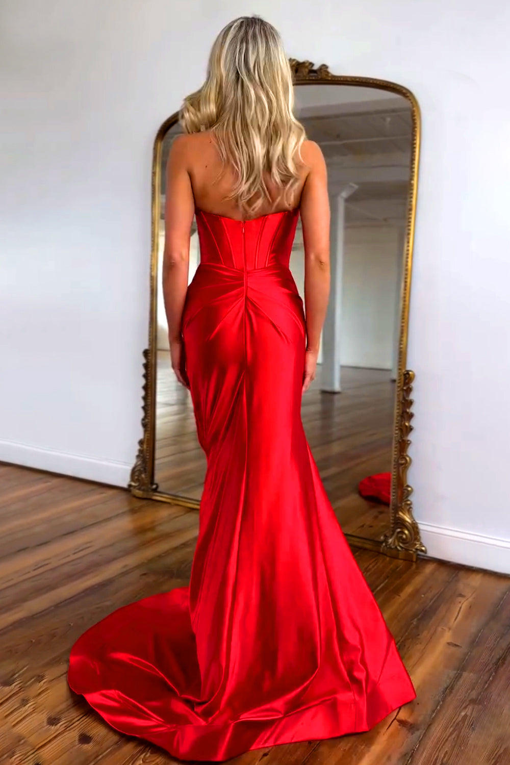 Cute Red Mermaid Strapless Long Satin Prom Dress with Slit and Bowknot