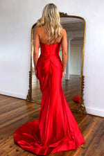 Cute Red Mermaid Strapless Long Satin Prom Dress with Slit and Bowknot