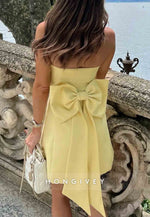 Simple Bowknot A-Line Strapless Pleated Yellow Short Homecoming Dress